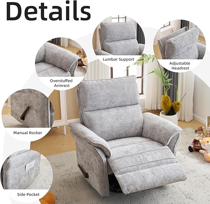Oversized Glider Rocker Recliner 26 Extra Wide 360° Swivel Nursery Recliner with Adjustable Headrest Chenille Rocking Nursery Chair with Overstuffed Armrest Lumbar Support Light Grey