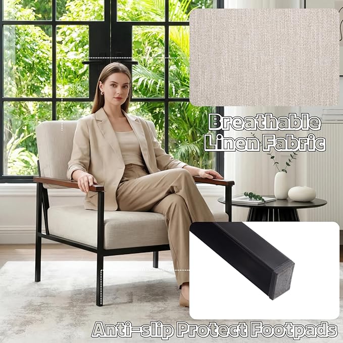 Mid Century Modern Accent Chair Set of 2 Wide Oversized Guest Reception Armchair Linen Fabric Upholstered Comfy Leisure Chair with Black Meta Frame Lounger Chair for Living Room Beige
