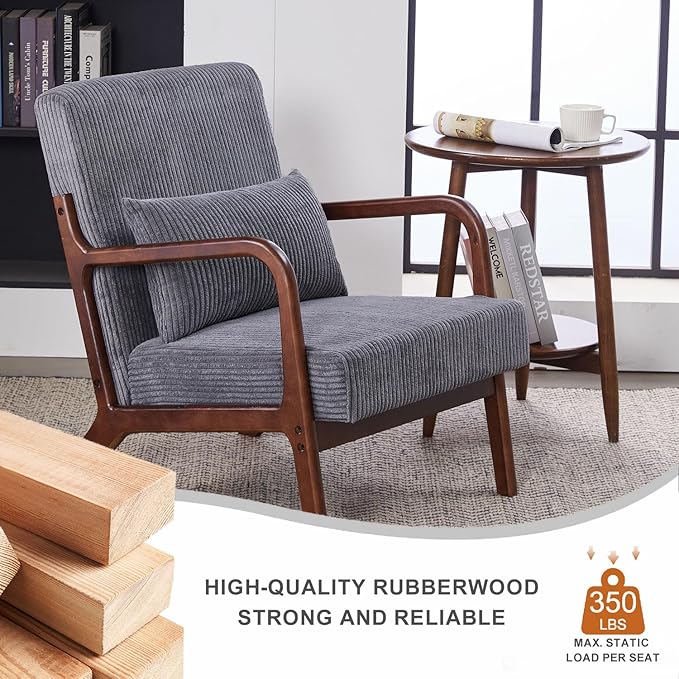 Mid Century Modern Accent Chair with Waist CushionComfy Upholstered Lounge Chair Ergonomic Reading Chair with Solid Rubberwood Frame for Living Room Bedroom (Antique Dark Grey+Brown)