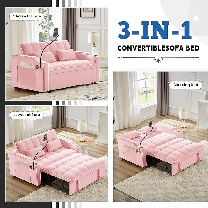 TTK 3-in-1 Convertible Velvet Sleeper Sofa Bed Pull-Out Loveseat with Adjustable Backrest USB Port &amp 2 Pillows Swivel Phone Stand &amp Storage Pockets Modern Futon Couch for Living Room Pink