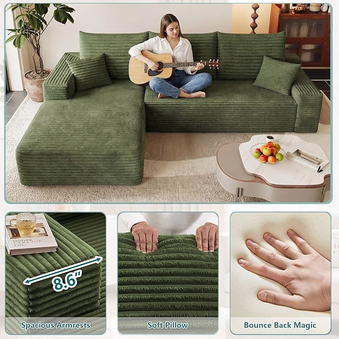 95 Modular Sectional Couch Boneless L Shaped Cloud Sofa with Chaise Lounge Corduroy Upholstered Couches Memory Foam Deep Seat No Assembly Required Ideal for Living Room(Green Left Facing)