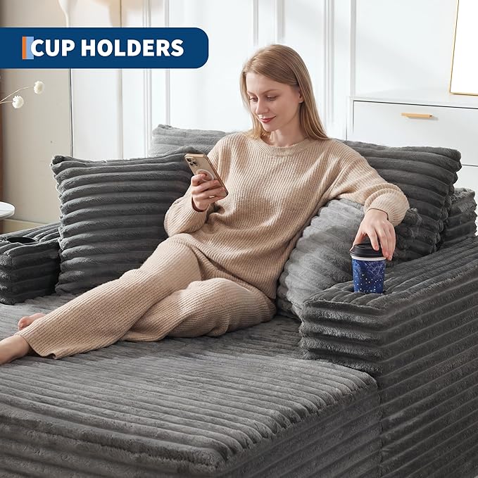 IDEALHOUSE 64 Oversized Chaise Lounge Chair Indoor Upholstered Boneless Sofa Bed with Throw Pillows Cup Holders and Armrests Comfy Corduroy Sleeper Couch for Living Room Bedroom Office (Grey)