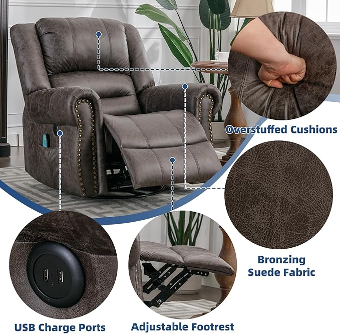 Manual Swivel Rocker Recliner Chair with Heat and Vibration 360° Swivel Glider Rocking Reclining Chair Massage Rocking Recliners with Side Pockets &amp USB Ports for Living Room Smoky Gray