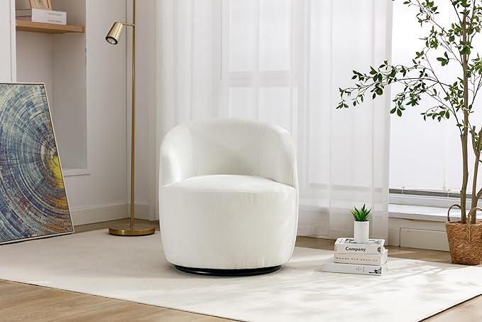 Chenille Swivel Accent Chair Ivory Round Metal Base Armchair 360° Rotation for Living Room