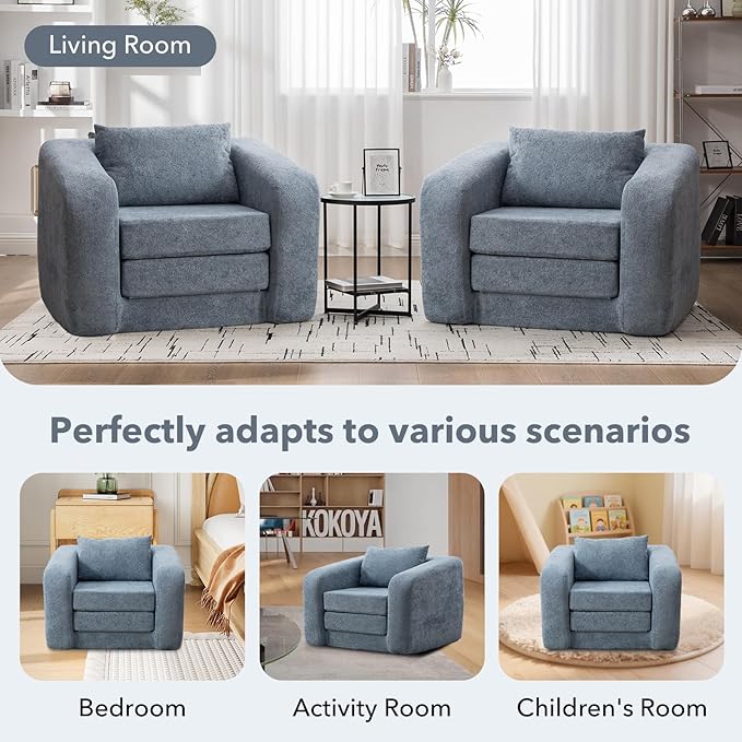 Convertible Sofa Bed Chenille Upholstered Pull Out Sofa Bed with Pillows 2-in-1 Sofa Chair with Minimalist Design Comfy Folding Mattress Couch for Apartment (Light Blue Single Sofa Bed)
