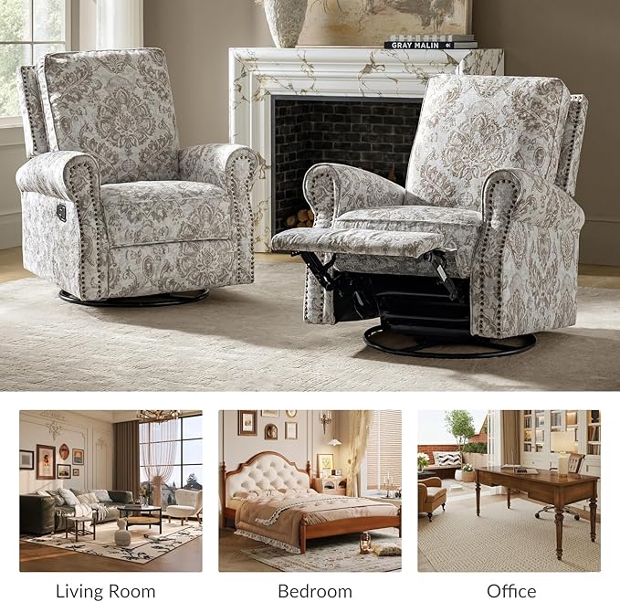HULALA Home Modern Rocker Recliner Printed Fabric Swivel Glider with Adjustable Backrest &amp Footrest Beige