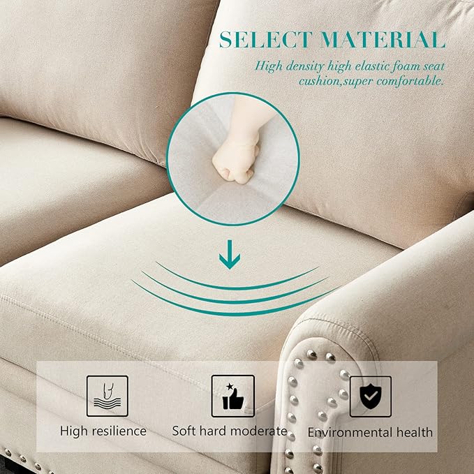 82'' Linen Fabric CouchLiving Room Furniture Sofa Set Rivet Decoration Sectional Sofa Set for Living Room Apply to Office and Home(3 Seater Sofas+Loveseat) Beige