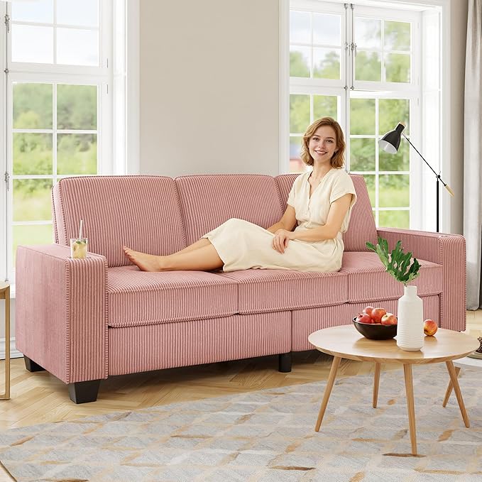 83.86 Corduroy 3-Seater Sofa with Extra Deep Seat Modern Cloud Couch with 2 Cup Holders Comfy Upholstered Sofa for Living Room Apartment &amp Office Pink
