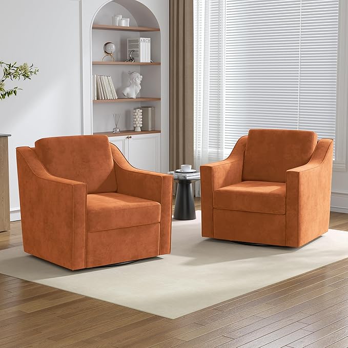 Swivel Accent Chairs Set of 2 360° Swivel Upholstered Club Armchairs for Living Room Comfy Single Sofa Reading Chair with Deep Seat Metal Swivel Base Chenille Fabric Orange