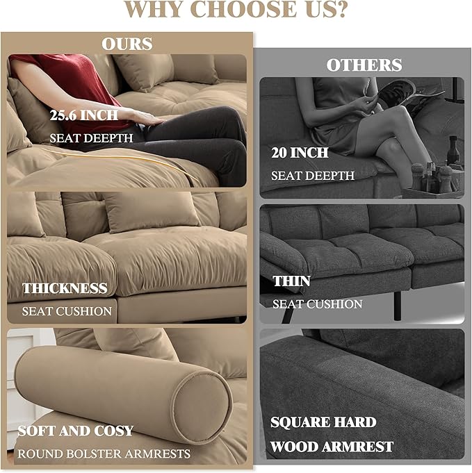 Oversized Modular Velvet Sectional Cloud Sofa Couch with Movable OttomanCorner Sofa with Comfortable Armrests Deep Seat Convertible L or U Shaped Couch (Camel 3 Seat+ 2 Ottomans)