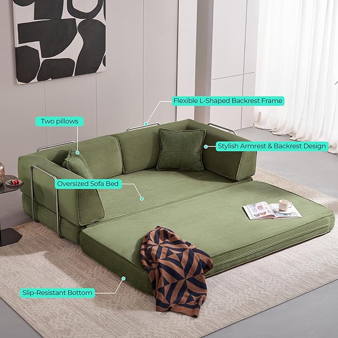 LINSY HOME Sofa Bed Couch - Convertible Boneless Couch Bed with 2 Pillow (Green) | Folding Sofa Bed Corduroy Material No Assembly Compressed Sofa Couch in a Box