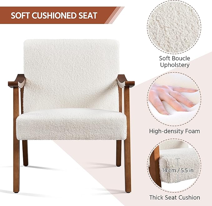 Yaheetech Fabric Accent Chair Mid-Century Modern Armchair with Solid Wood Legs Reading Leisure Chair with High Back for Living Room Bedroom Waiting RoomIvory