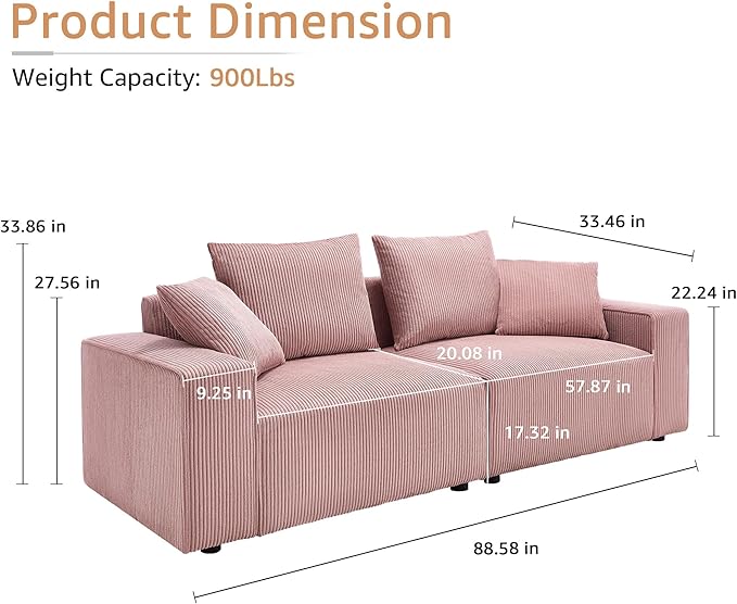 Modern Corduroy Sofa 88.5 inch Wide Living Room Couch with Wide Arms 3-Seater Living Room Couch with Throw Pillows Pink