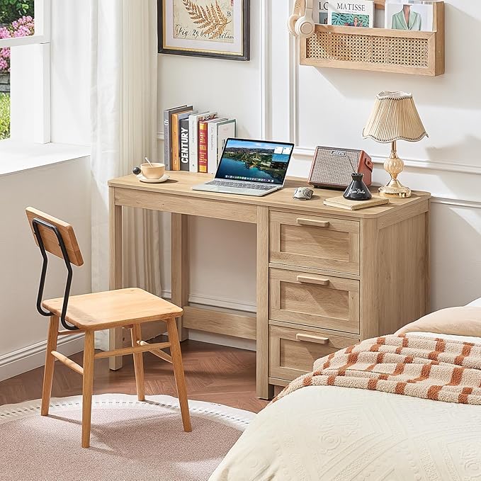 Office Desk 48 with 3 Drawers Storage File Cabinet Wood Farmhouse Desk for Computer Office Bedroom Home Furniture Natural