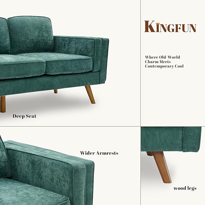 Kingfun Living Room Furniture Sets 3 Seater Couch and Armchair Mid Century Modern Sofa Set Chenille Couch with Solid Wood Frame for Living Room &amp Bedroom Green