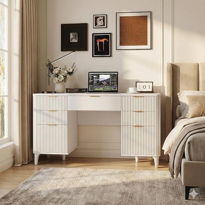 White Desk with Drawers 55 Fluted Executive Desk with Storage Cabinet Wood Home Office Desk with File Cabinet Modern Computer Writing Desk for Study Living Room Bedroom