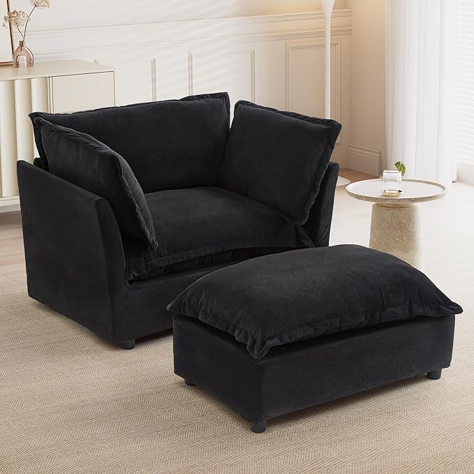 47 Cozy Upholstered Sofa Chair with Movable Ottoman Wide Seat Curved Armrests and Soft Pillows Modern Armchair Sofa for Living Room Bedroom Black