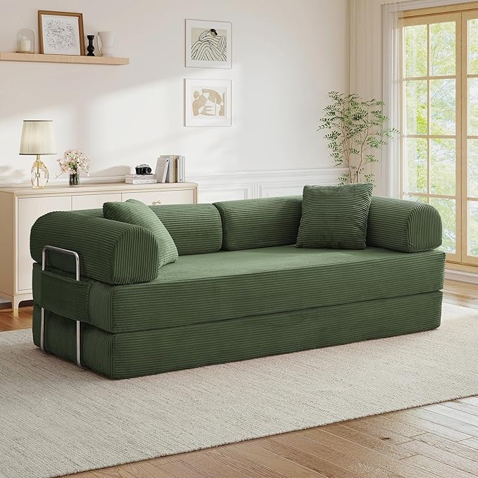 Antetek Modular Couch Bed Convertible Folding Plush Corduroy Comfy Floor Compression Loveseat Sleeper Sofa Couch King Size Bed for Guest Room Living Room Bedroom No Assembly Required Leaf Green