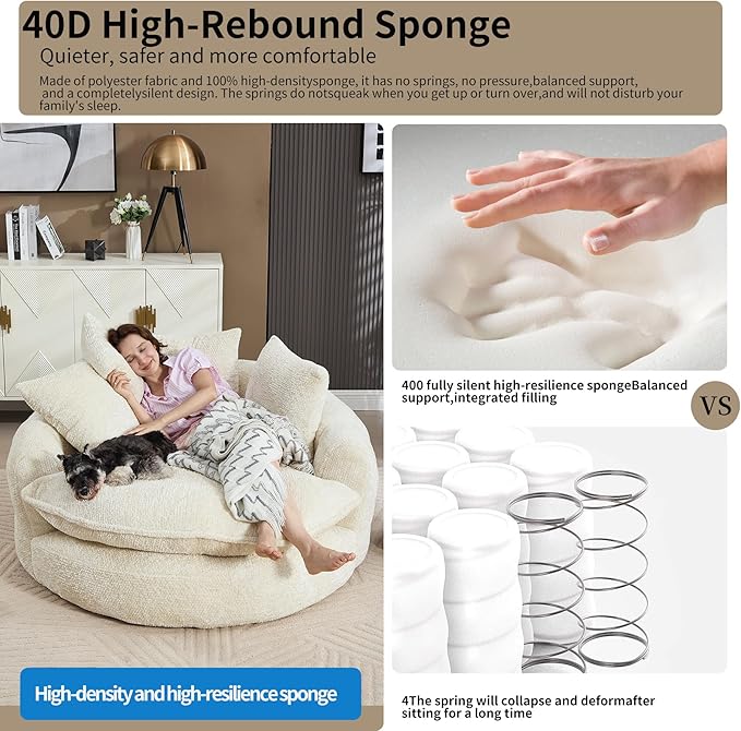 55 inch Oversized Round Chair Fluffy Chenille Boneless Sofa with Extra Deep Seat for Living Room Lounge (Beige)