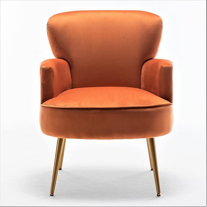 Trendy Velvet Accent Chair with Gold Metal Legs Upholstered Armchair for Small to Mid-Size Spaces Modern Living Room Bedroom Vanity Desk and Entryway Red Orange