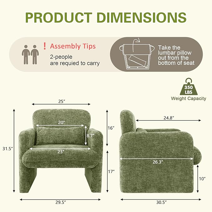 LSSPAID Modern Accent Chairs Chenille Fabric Armchairs for Living Room Comfy Upholstered Leisure Single Sofa Chair with Lumbar Pillow for Bedroom Balcony Office (Green Set of 1)