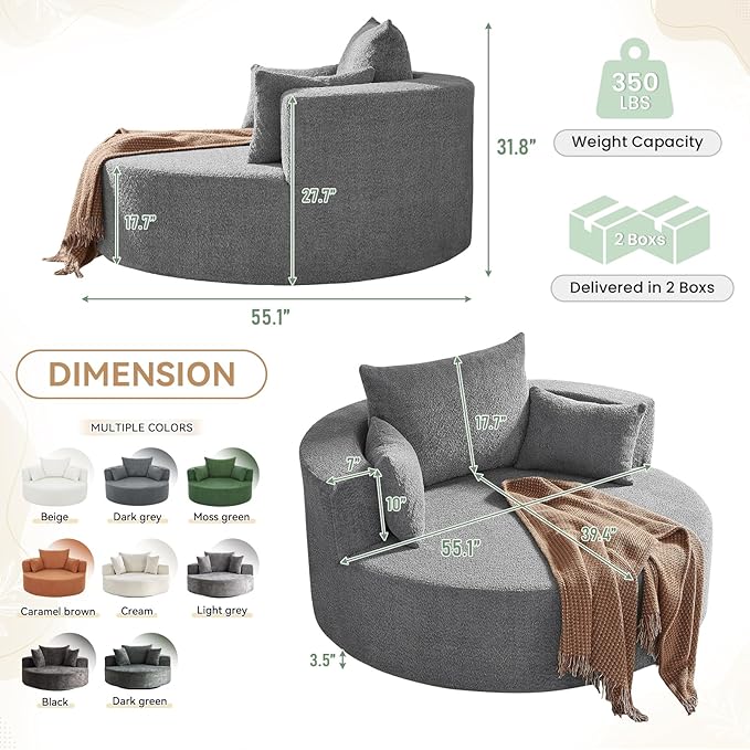 360° Swivel Barrel Chair - Oversized Round Sofa Chair and A Half with Removable Pillows Comfy Modern Upholstered Chenille Deep Seat Circle Chaise Lounge for Living Room Bedroom Office Hotel (Grey)