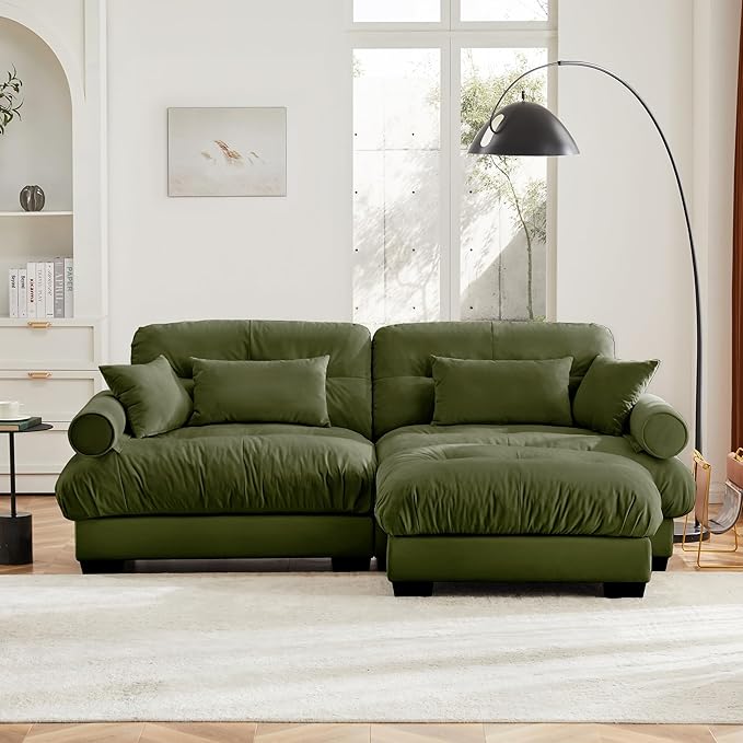 93.7 Oversized Modular Sectional Sofa 2-Seater L-Shaped Loveseat Cloud Couch with Ottoman and Pillows Deep Seat Comfy Velvet Sofa for Living Room Home Theater or Apartment Olive Green