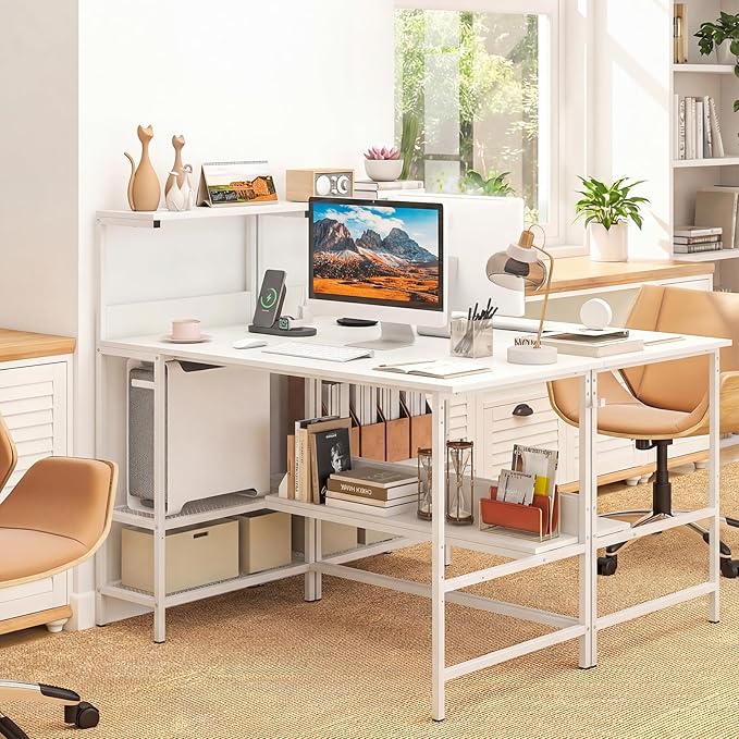Giantex 48 Computer Desk with Charging Station Reversible Writing Desk with Storage Shelves &amp Headphone Hook Small Gaming Desk Industrial Computer Workstation for Home Office (White)