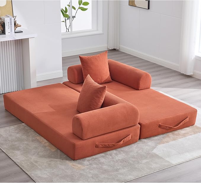 Convertible Sleeper Sofa Bed with Fixed-Shape Frame Floor Sofa Lounge Couch with Cylindrical Pillow Corduroy Folding Mattress Couch for Living Room Bedroom Burnt Orange