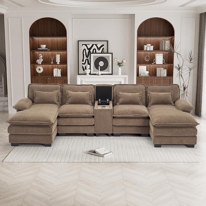 133 Oversized U Shaped Cloud Couch Modular Sectional Couches for Living Room Comfy Chenille Deep Seat Sofa Set with Double Chaise Lounge Storage Central Console Cup Holders USB Port Brown