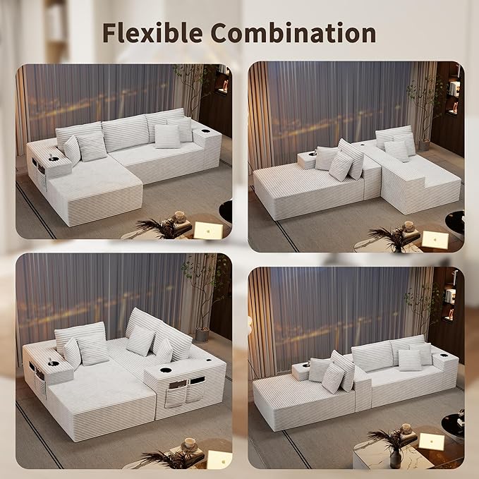 104.3 Modular Sectional Sofa Beige Boneless Couch Left Chaise L Shaped Couch with USB Ports 2 Cup Holders 2 Side Storage Bags &amp Lint Remover No Assembly Sectional Couches for Living Room
