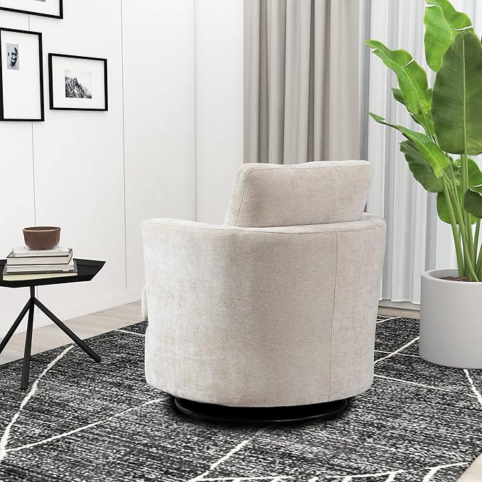 31.9W Beige Chenille Swivel Accent Barrel Chair Comfy Round Accent Sofa Chair 360 Rotation Degree Club Chair Leisure Arm Chair for Nursery Bedroom Living Room Lounge Hotel Office (Beige)