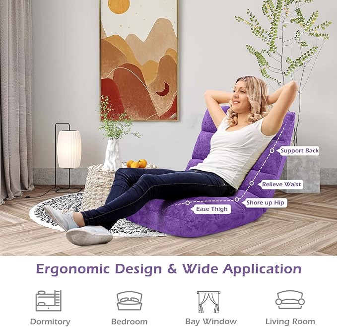 LDAILY 14-Position Floor Chair Adjustable Gaming Chair with Strong Back Support Padded Cushion Folding Couch Recliner Sofa Ideal for Floor Seating Reading Gaming(Purple)