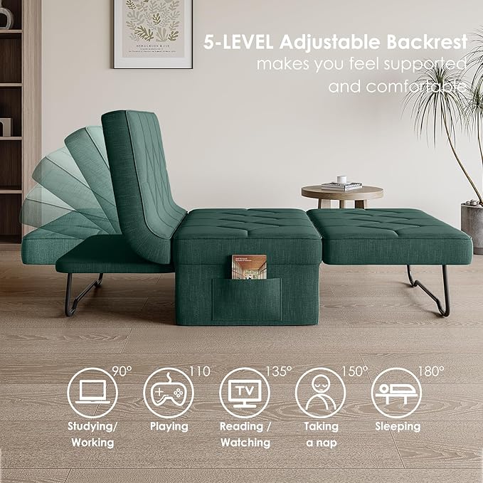 Convertible Sofa Bed with 5-Level Adjustable Backrest 74 D x 28 W 4-in-1 Folding Ottoman Sleeper Chair Bed Modern Single Futon Couch for Living Room Apartment Dorm Small Space Green