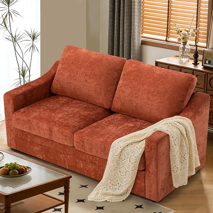 67” Chenille Loveseat Sofa w/Comfortable Back Cushions &amp Curved Armrests Modern 2-Seat Couch w/Deep Seat Space Upholstered 2 Seater Sofa w/High Resiliency Foam for Living Room Orange