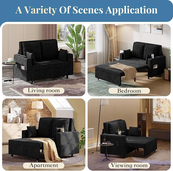 Garvee 3 in 1 Pull Out Couch 56 Inch Convertible Sleeper Sofa Bed Loveseat Sofa Couch with Cup Holders USB &amp Side Pocket Modern Loveseat for Living Room Bedroom Includes Toss Pillows Black