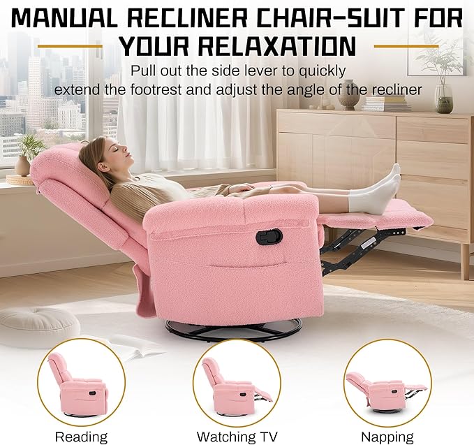 Recliner Chair Swivel Rocker Recliner Chair for Adults Small Recliners for Small Spaces Manual Recliner with Side Pockets Upholstered Nursery Rocking Chair for Living Room Sherpa Pink