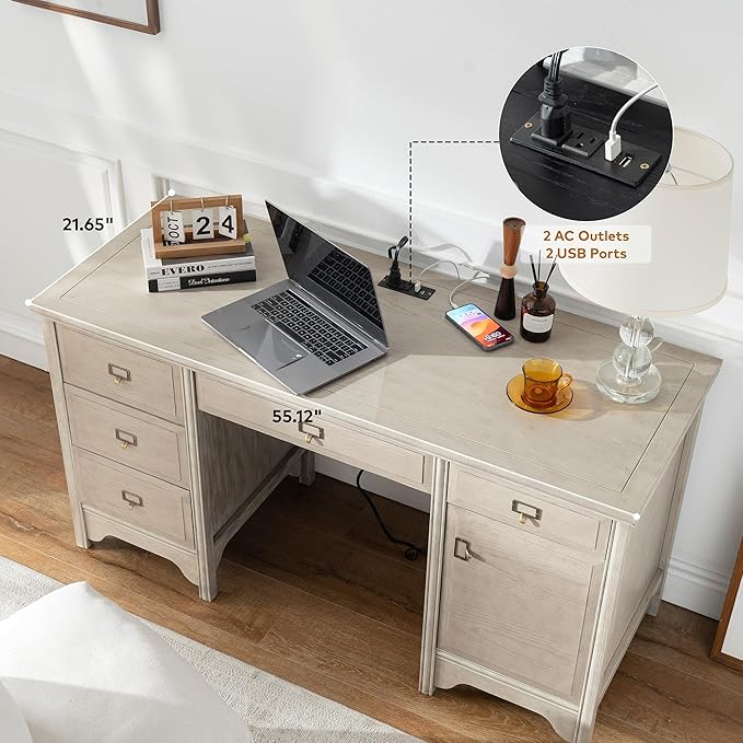 Chogori 55 Solid Wood Executive Desk Farmhouse Office Computer Desk with 5 Drawers &amp Storage Cabinet Wooden Writing Table for Home Office Study Bedroom (Gray)