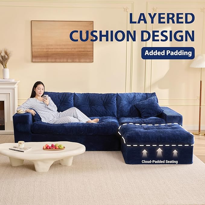 Modular Sectional Sofa 102” L-Shaped Corduroy Couch with Ottoman Deep Seat Comfy Sectional for Living Room Set of Soft Upholstered Cloud Couch for Apartment Blue