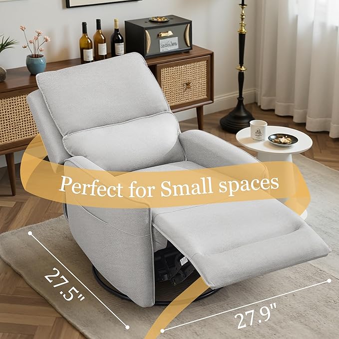 Recliner Chair 360 Swivel Rocker Recliner Chairs for Adults Small Recliners for Small Spaces Upholstered Nursery Chairs with Side Pockets Glider Rocking Chair for Living Room (LightGrey)
