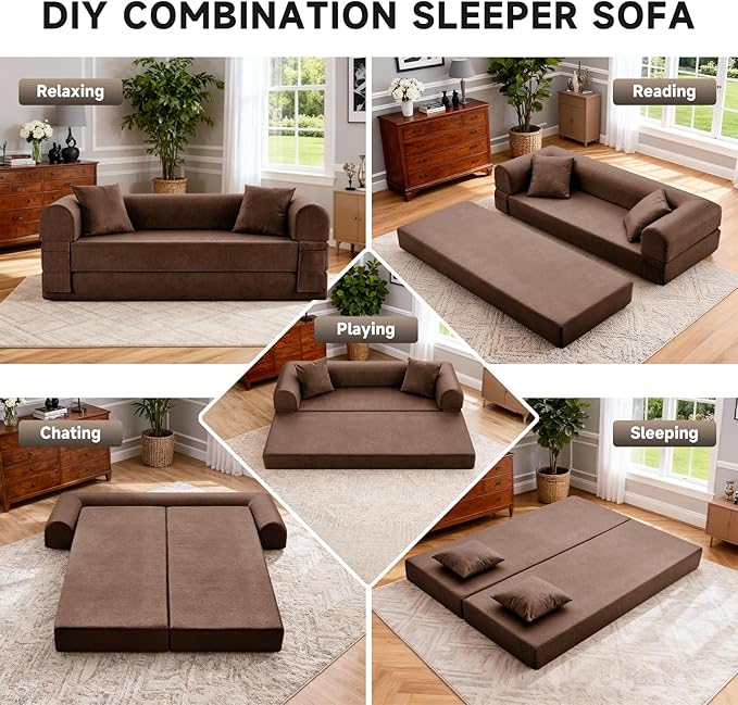 78.5 Convertible Sleeper Sofa Bed Faux Leather Folding Floor Sofa with Pullout Bed&amp2 Pillows No Assembly Modern Boneless Couch Compression Sofa in Box with Storage Pocket for Living Room Brown