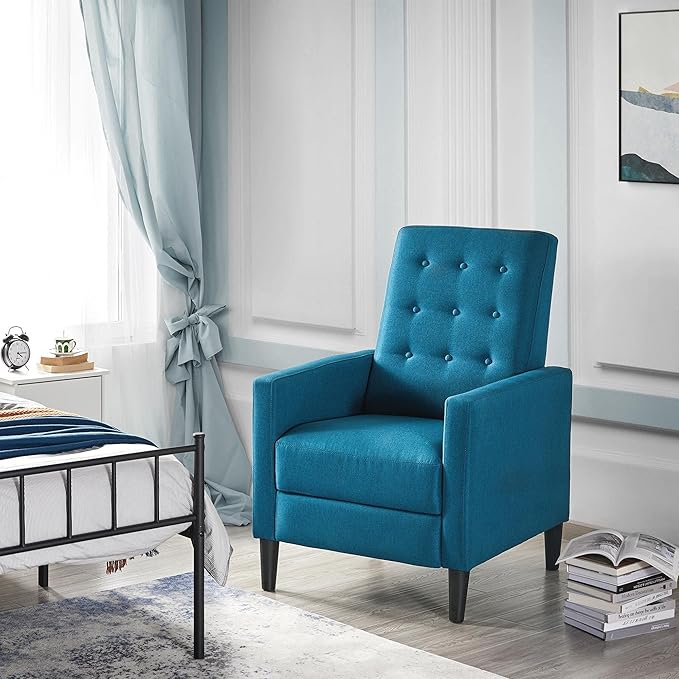 Topeakmart Mid-Century Modern Fabric Recliner Modern Tufted Reclining Single Sofa for Living Room Padded Cushion Home Theater Seat Blue