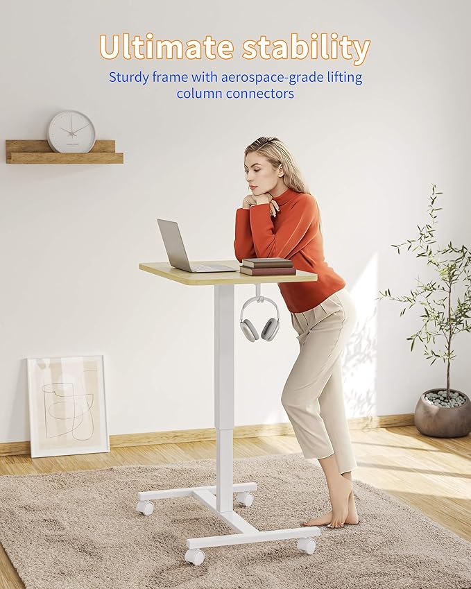 YIHAYO Mobile Small Standing Desk 24 x 16 Inches Adjustable Height Portable Rolling Laptop Desk with Lockable Wheels Computer Workstation for Home Office with Hook Natural