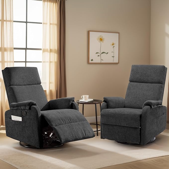 Swivel Rocking Recliner with Massage Small Glider Chair for Nursery Modern-Designed Armrests Chair for Adults Living Room Chenille Black