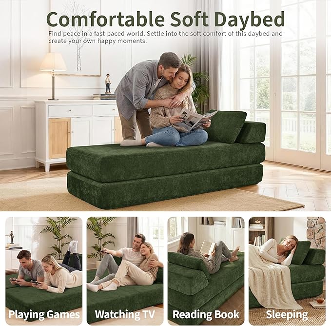 Convertible Chaise Lounge Chair Indoor Boneless Cloud Couch with 2 Pillows Sleeper Sofa for Living Room Bedroom Reading Nook- No Need Assembly (Green)