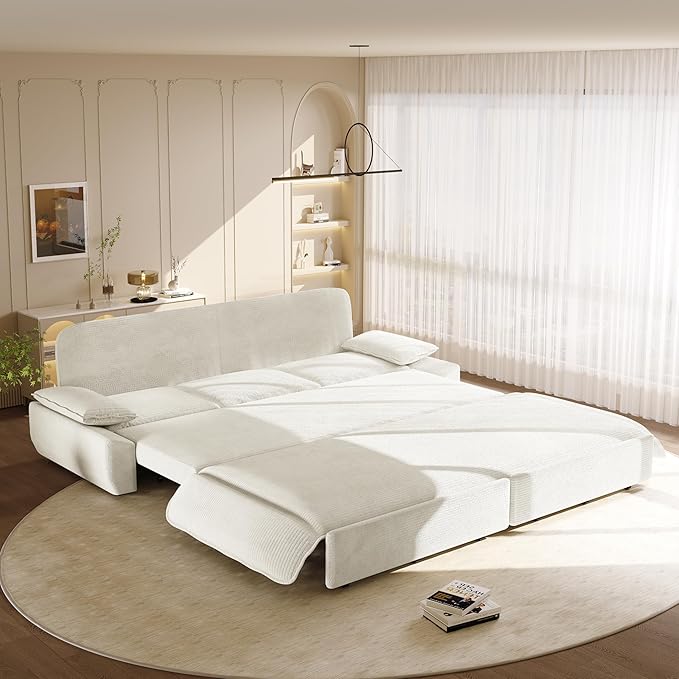 KEIKI 94.5 King-Size 3-in-1 Convertible Sleeper Sofa Oversized Pull-Out Couch with Cloud-Style Deep Seat Corduroy Reclining Loveseat for Home Theater &amp Family Living
