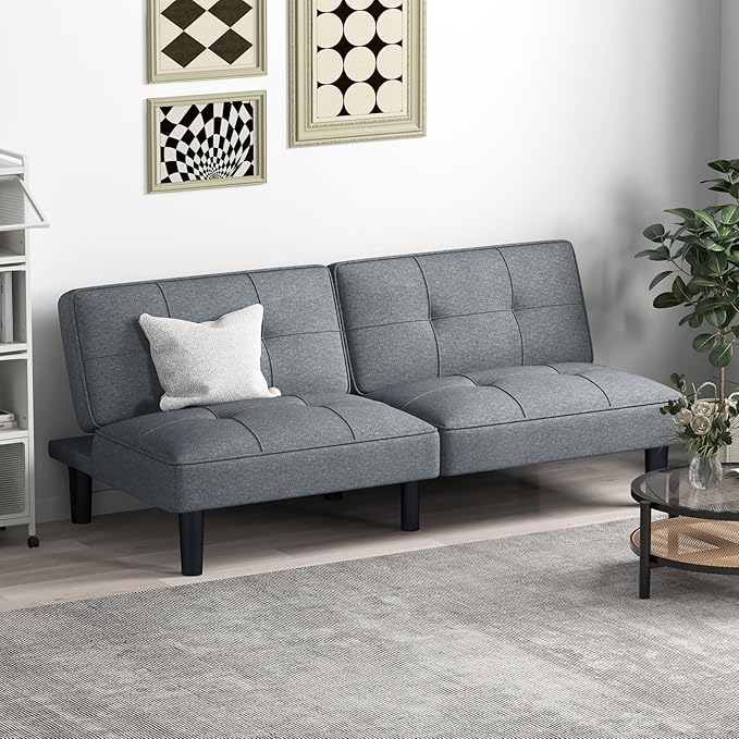 KOMFOTT Convertible Futon Sofa Bed Upholstered Folding Linen Sleeper Couch with 6-Position Adjustable Backrest Thick Cushion Adjustable Recliner Couch Bed Loveseat for Living Room Small Spaces