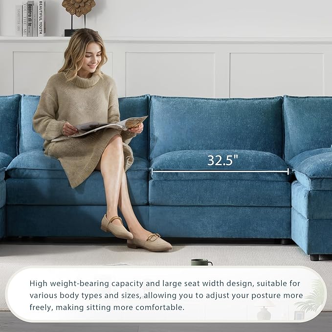 136 Chenille U-Shaped Modular Sectional Sofa with Deep and Wide SeatCloud Couch Set with Double Cushions6 Seat Sofa with Movable Ottomanfor Living Room Apartment Office (Blue#h)