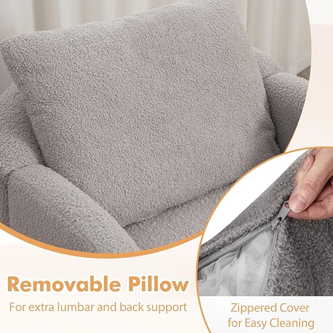 Giantex Sherpa Accent Chair Modern Upholstered Single Sofa Chair with Back Pillow &amp Solid Rubber Wood Legs Teddy Barrel Arm Chair for Reading Living Room Bedroom Office Grey