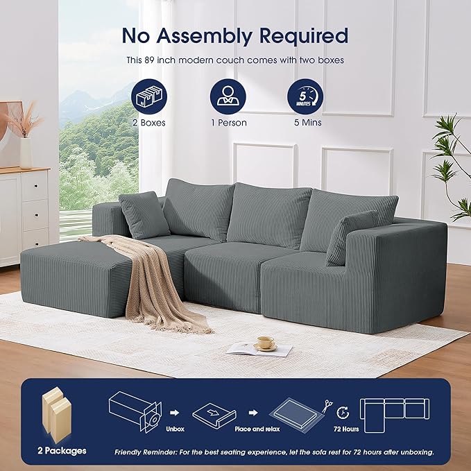 KINGYES 107'' Modular Sectional Sofa L Shaped Cloud Couch for Living Room Modern Boneless Sofa with Chaise for Bedroom Light Gray